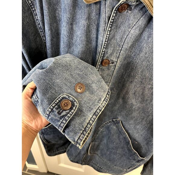Vintage Land's End Denim Chore Jacket Plaid Lined with Leather Collar Size Large - Picture 6 of 9